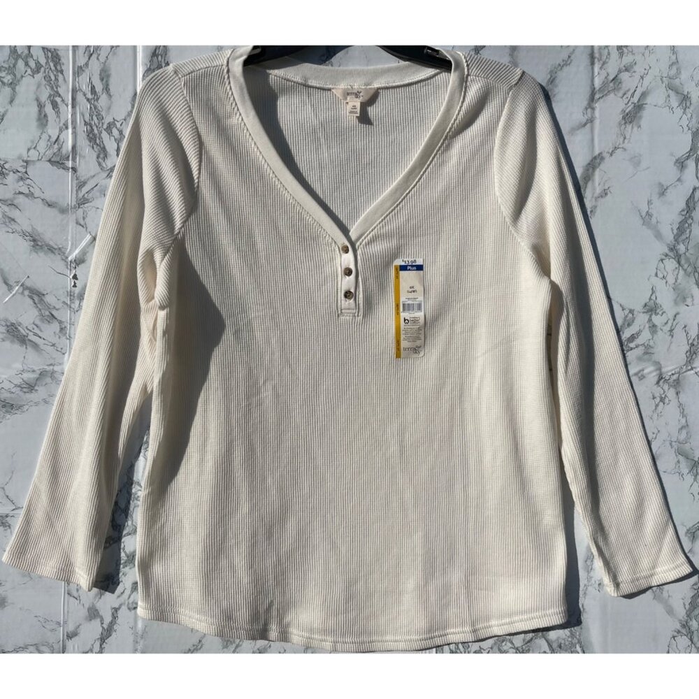 Terra & Sky Womens Plus 0X (14W)  Waffle Henley Long Sleeve Top 60% Cotton